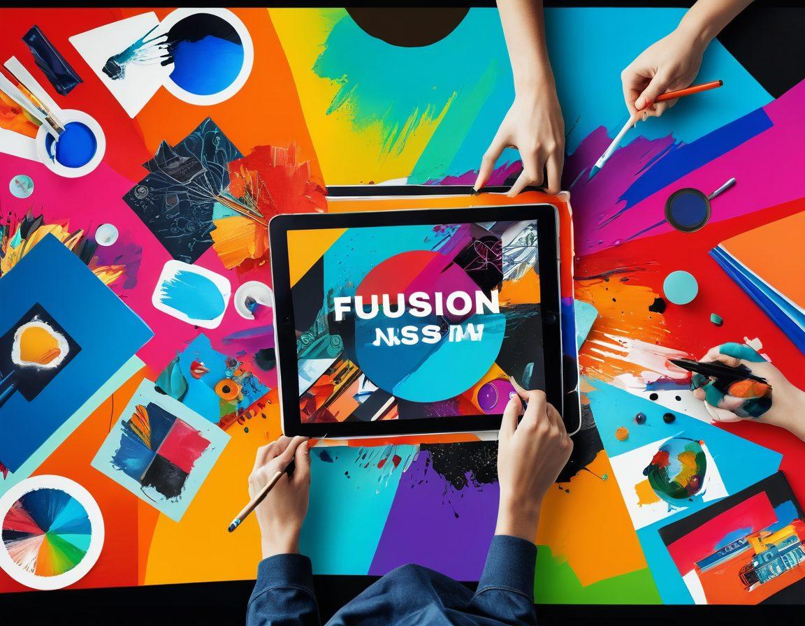 A captivating collage showcasing various graphic art styles symbolizing brand identity, with vibrant logos and creative designs seamlessly blending together. Include a color palette of bold hues to convey energy and innovation. In the foreground, an artist's hand skillfully painting on a digital tablet, representing the fusion of technology and artistry. super-realistic. vibrant colors. creative layout.