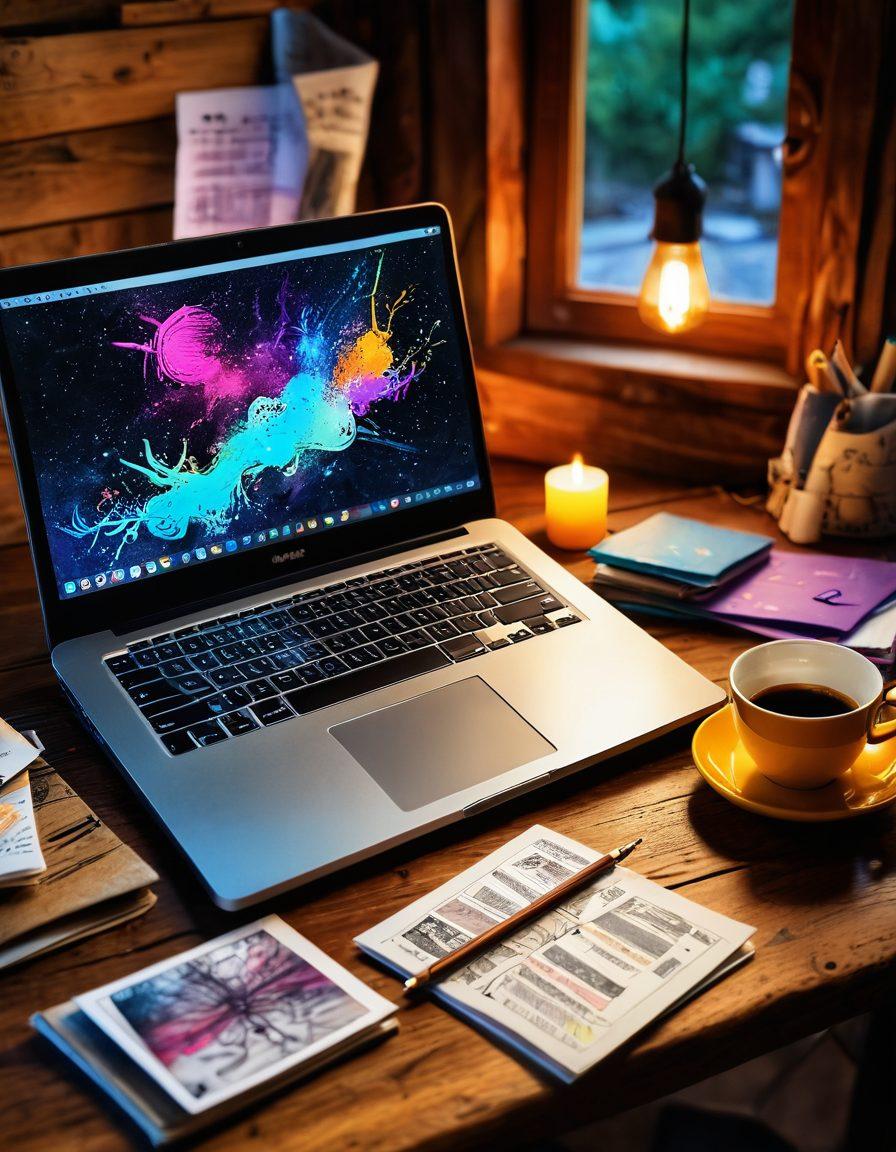 An enchanting laptop on a rustic wooden table, surrounded by colorful notes and sketches representing ideas for personal stories. A steaming coffee cup and a cozy blanket suggest comfort and creativity, while digital icons flow from the screen symbolizing storytelling in the digital realm. The scene is illuminated with warm light to evoke inspiration and connection. super-realistic. vibrant colors. cozy atmosphere.